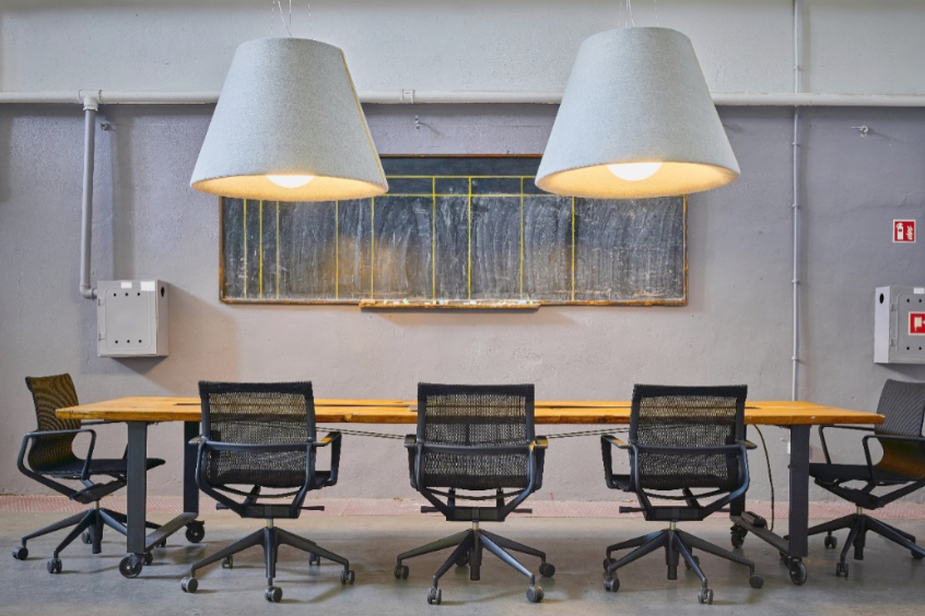 Bell acoustic lamps in office interior