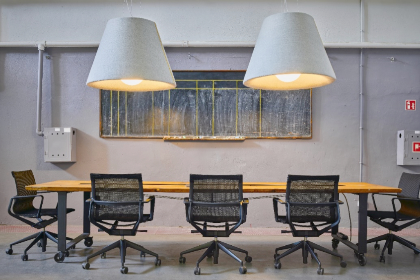 Bell acoustic lamps in office interior