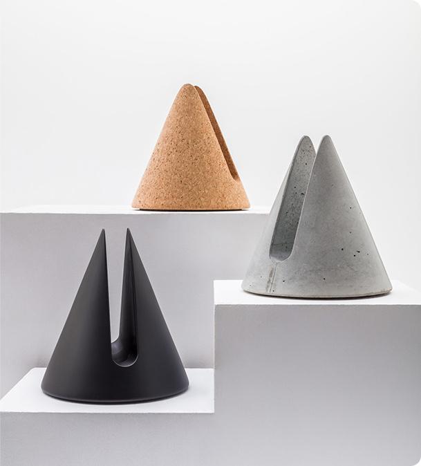 Mute Cone Stands in cork, wood and concrete