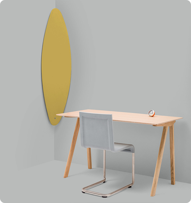 Mute Shell on wall in yellow fabric with desk and chair
