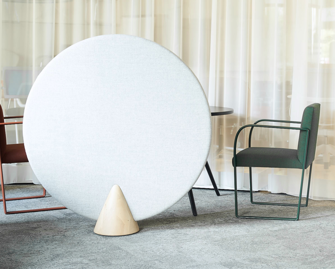 Mute Cone Screen in White Upholstery Fabric in lobby interior