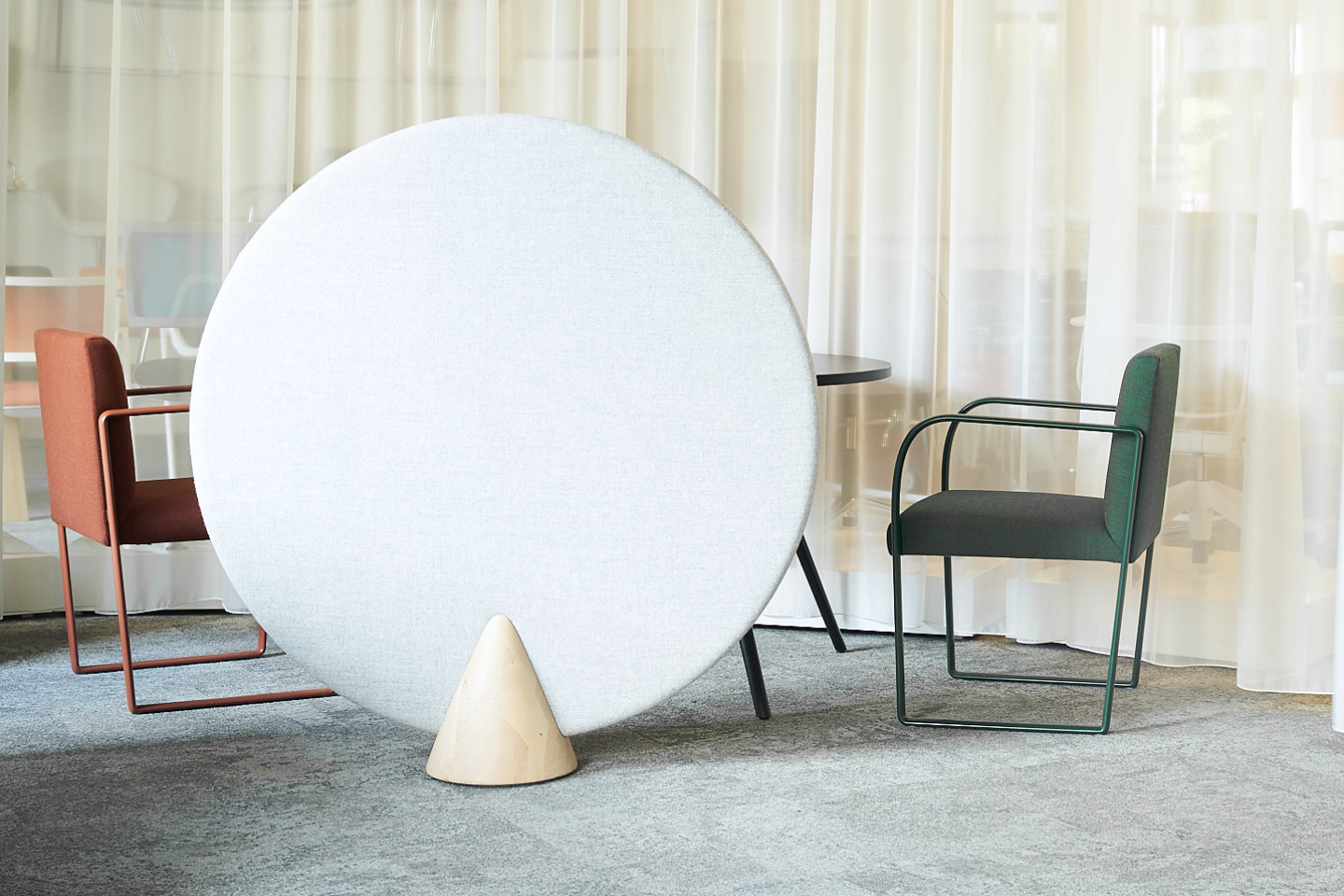 Mute Cone Screen in White Upholstery Fabric in lobby interior