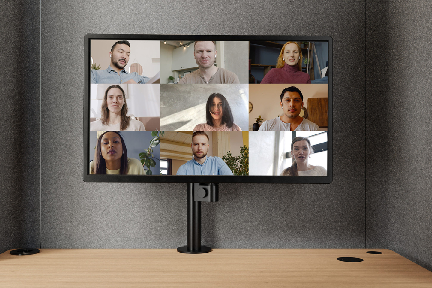 Videocall feature in Space M acoustic pod - interior with desktop and third-party monitor